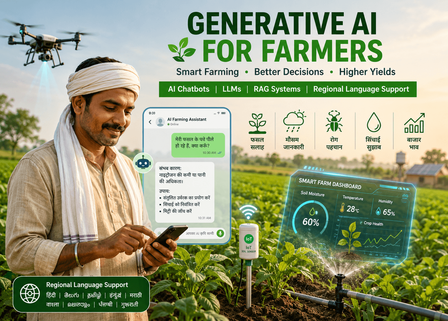 Generative AI for Farmers: Smart Agriculture Using AI Chatbots, LLMs & RAG